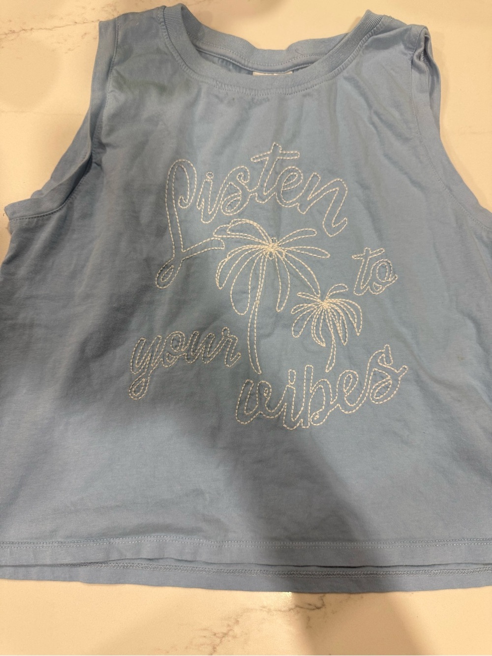 Zara Light Blue Graphic Tank Top - Listen to Your Vibes